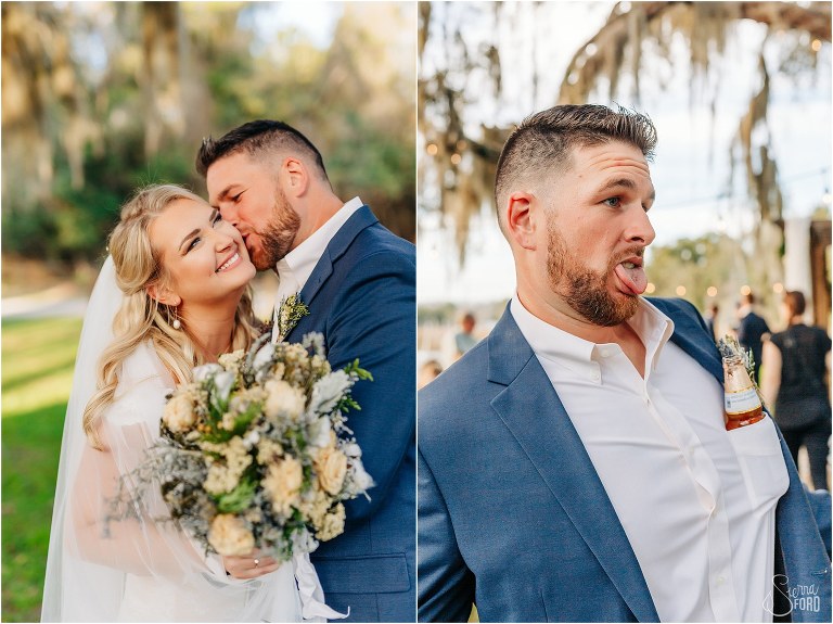 bride smiles as groom kisses her cheek at Ever After Farms wedding, groom carries Modelo in his shirt pocket