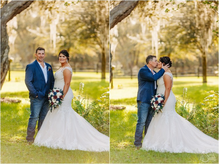 left, bride and groom stand together under oak tree, right, groom kisses bride under trees at Isola Farms wedding