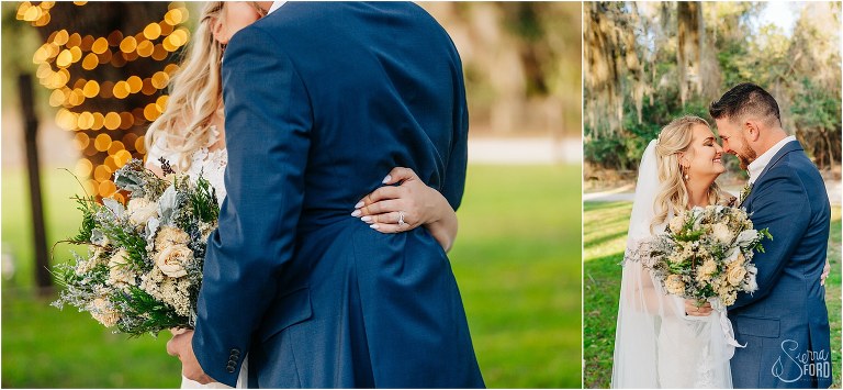 left, bride grips new husband, right, bride and groom smile touching foreheads at Ever After Farms wedding