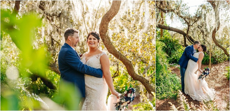 left, bride laughs with groom among the greenery, right, groom dips bride into kiss under oak trees at Isola Farms wedding