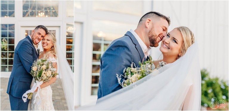 left, bride and groom make goofy faces for the camera, right, groom nuzzles bride at Ever After Farms wedding