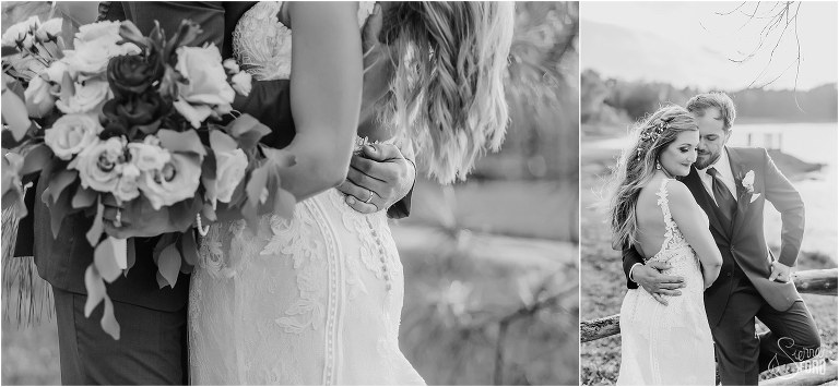left, groom showing off his new bling as he holds bride, right, bride snuggles up to groom as he leans on fence at lakefront wedding