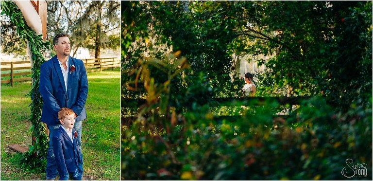 left, groom and son look in awe as bride comes down aisle at Isola Farms wedding, right, peek of bride through the immense greenery