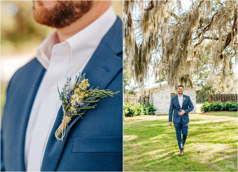 left, dried floral  groom boutonniere with lilacs, right, groom walking under oaks before Ever After Farms wedding