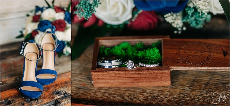 left, navy strappy bridal heels, right, bride and groom's rings in custom wooden box at Isola Farms wedding
