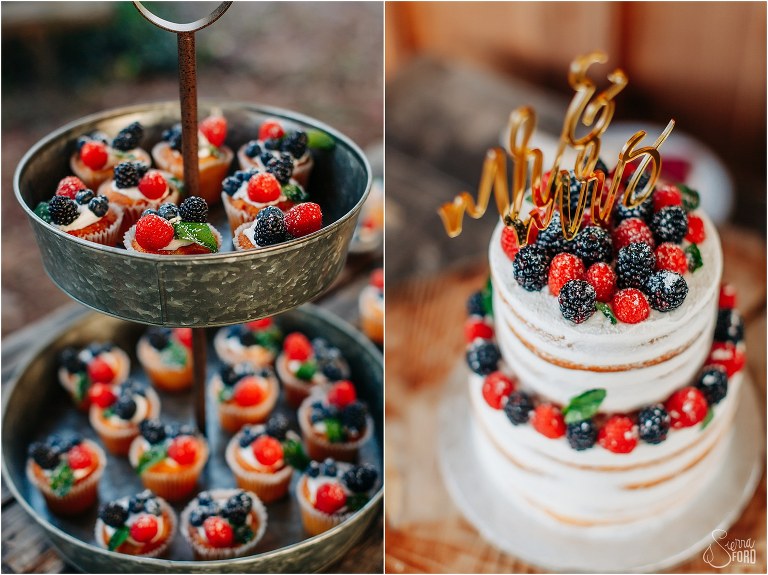 left, cupcake tower topped with raspberries and blackberries, right, berry covered wedding cake by Publix at Isola Farms wedding