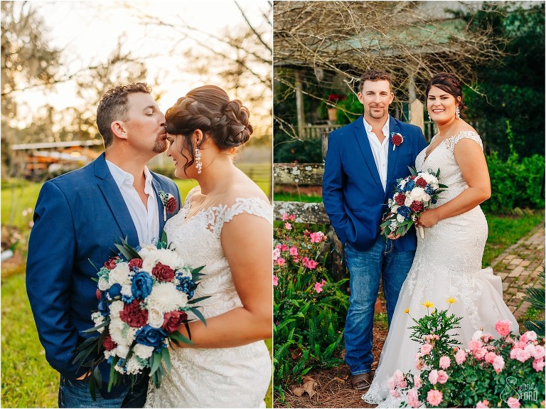 left, groom kisses bride's head as sun sets behind them, right, bride and groom stand in front of farmhouse at Isola Farms wedding