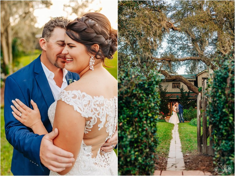 left, bride giggles while groom nuzzles her, right, groom kisses bride's cheek as we peek through the farmhouse gate at Isola Farms wedding