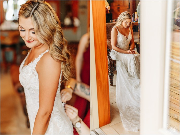 left, bride smiles as bridesmaid fastens buttons on dress, right, bride takes quiet moment before lakefront wedding