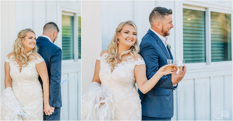 left, bride grins as she holds groom's hand during first touch, right, bride and groom take shot before Ever After Farms wedding