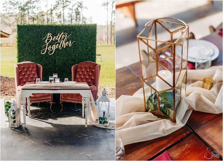 left, sweetheart table with greenery wall that says "better together", right, glass geometric candle holders at Isola Farms wedding