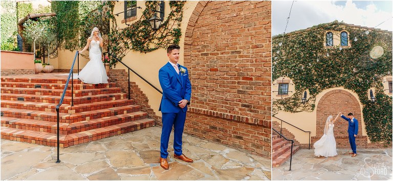 left, bride comes down stairs to see groom for first time before Bella Collina wedding, right, groom twirls bride after seeing her for first look
