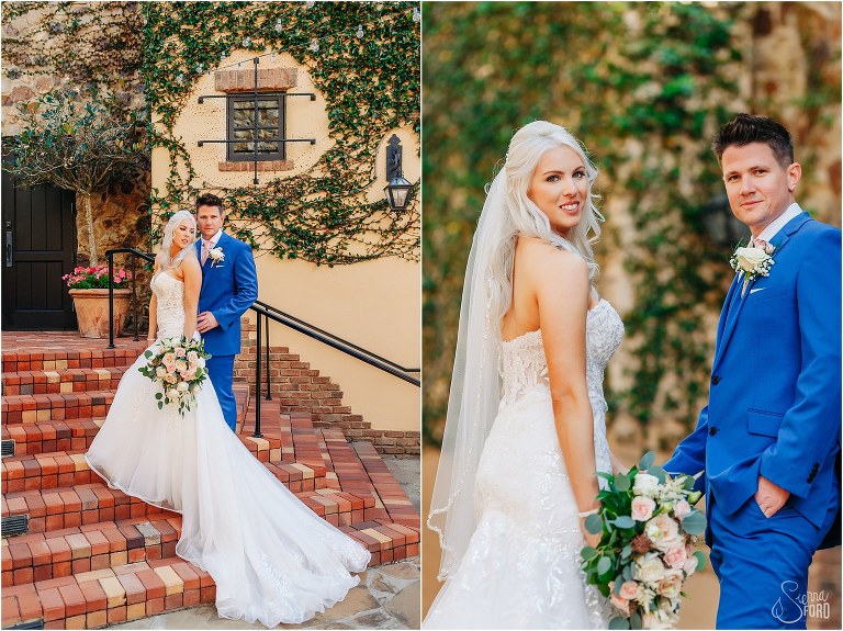 left, bride leans against groom on brick staircase, right, bride and groom smile during quiet moment at Bella Collina wedding