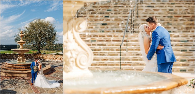 left, bride and groom kiss next to fountain, right, bride laughs as groom tries to kiss her by fountain at Bella Collina wedding