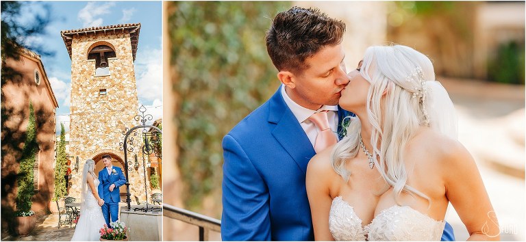 left, bride & groom rest on fountain under bell tower before Bella Collina wedding, right, bride & groom share kiss on stairs