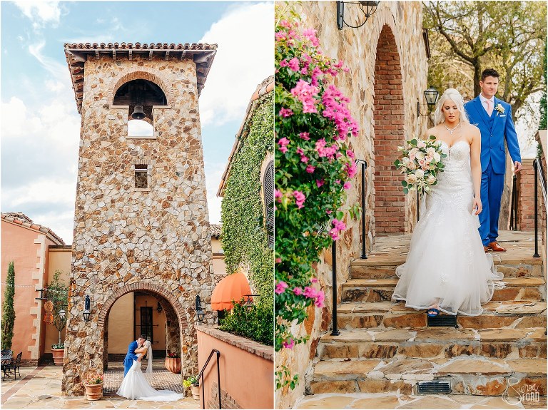 left, bride and groom kiss under bell tower at Bella Collina wedding, right, bride and groom walk down stairs together