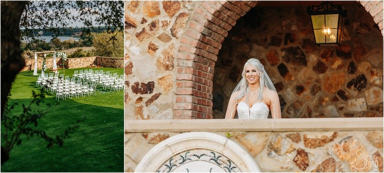 left, Bella Collina wedding ceremony setup through the trees, right, bride looks out at loved ones as she enters ceremony