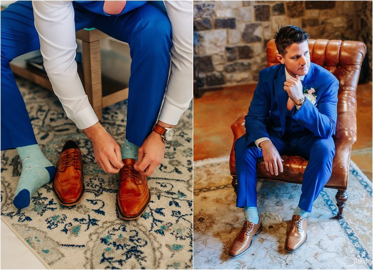 left, groom ties shoes before Bella Collina wedding, right, groom looks off in wine cellar