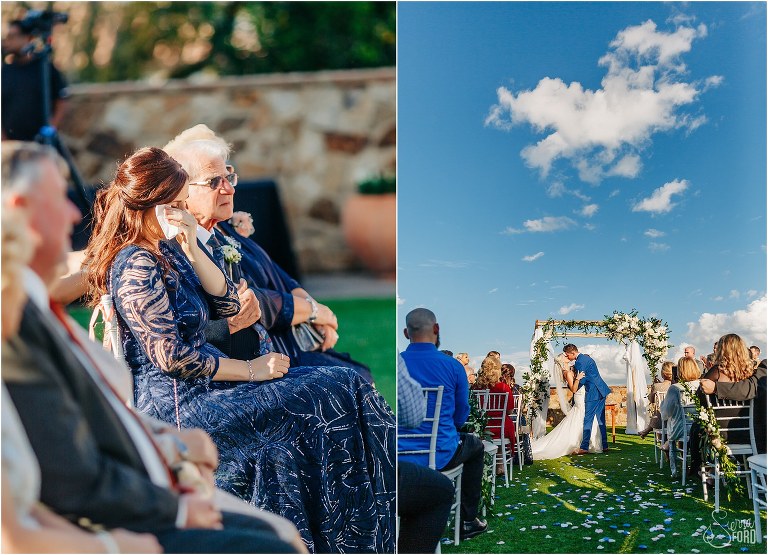 left, bride's mother wipes tears from her eyes, right, groom dips bride as he kisses her for first time as husband and wife at Bella Collina wedding ceremony