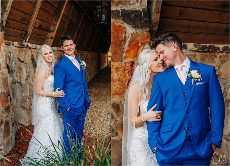 left, bride and groom smile together under bridge, right, bride nuzzles into groom from behind at Bella Collina wedding