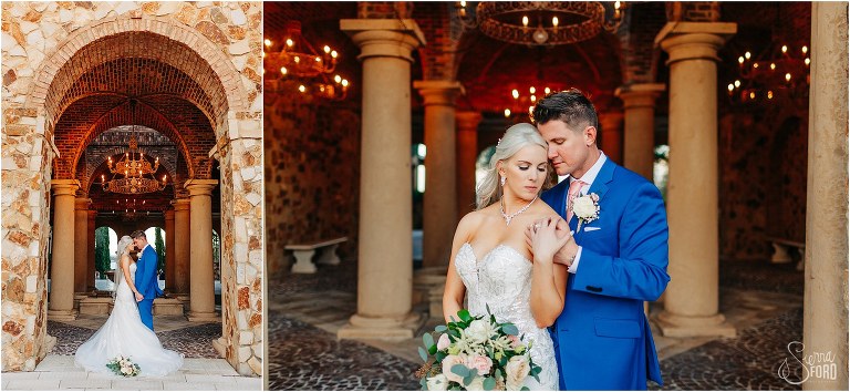 left, bride and groom stand forehead to forehead under arches, right, groom nuzzles bride at Bella Collina wedding