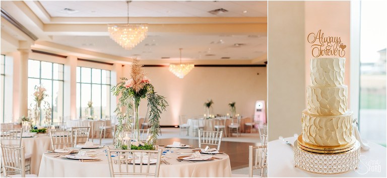 left, bride designed centerpieces at Bella Collina wedding reception, right, gold glitter ombre  cake