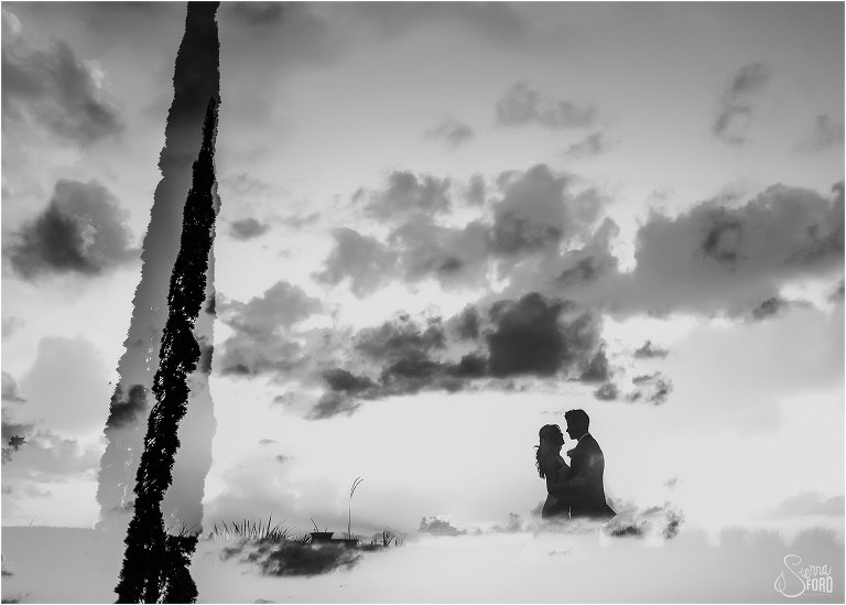 black and white double exposure of tall tree and bride and groom at Bella Collina wedding
