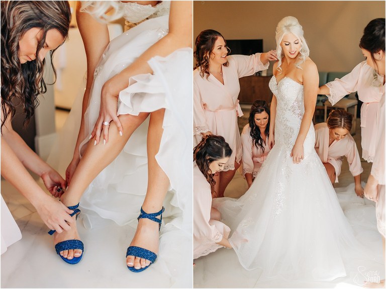 left, bridesmaid helps bride buckle shoes, right, bridesmaids make sure bride looks just right before Bella Collina wedding