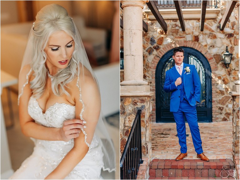 left, bride sets veil before Bella Collina wedding, right, groom stands on brick steps at Bella Collina