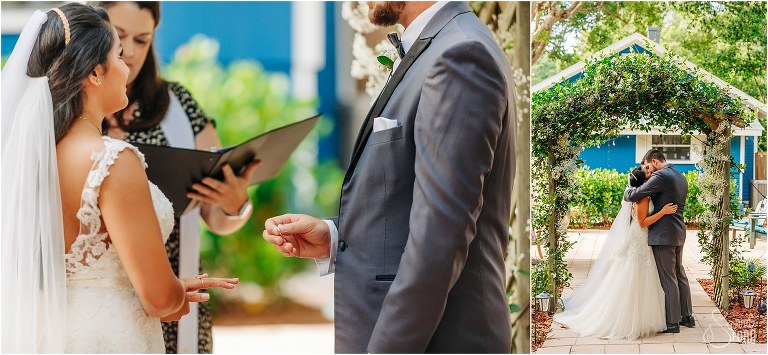 left, groom prepares to place ring on bride's finger at Mount Dora tiny wedding ceremony, right, couple shares first kiss as husband and wife