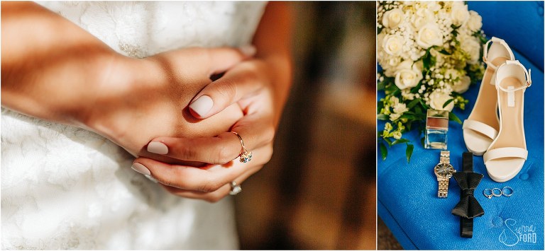 left, bride clasps hands as mom buttons dress before Mount Dora tiny wedding, right, bride and grooms details on royal blue chair