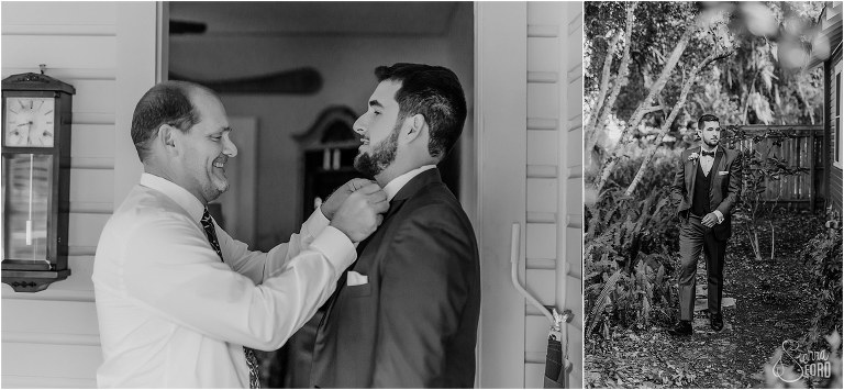 left, father of the groom ties his son's bow tie before Mount Dora tiny wedding, right, groom walks through garden