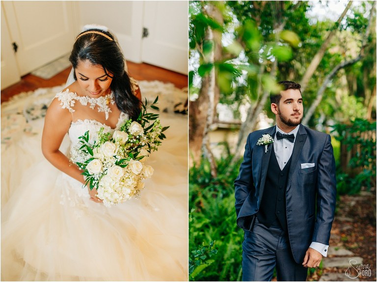 left, bride kneels with dress surrounding her before Mount Dora tiny wedding, right, groom walks through trees