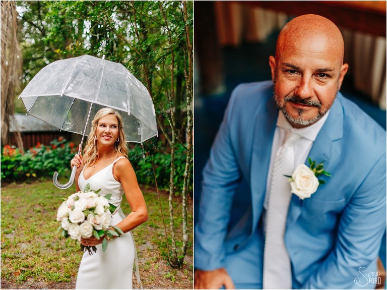 left, bride smiles from under umbrella before rustic barn wedding, right, groom looks up in light blue suit