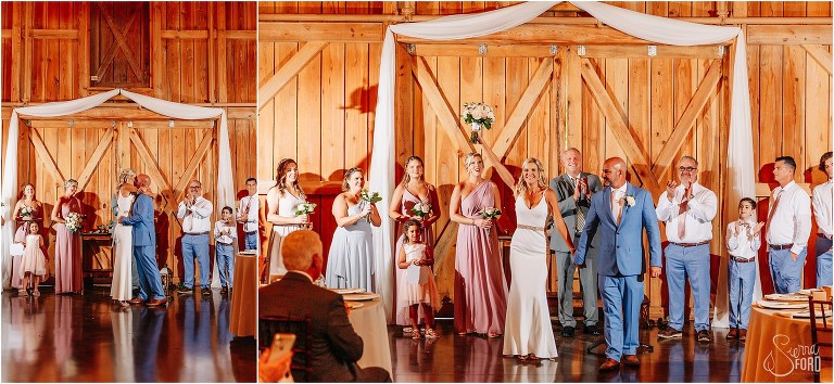 left, couple kisses as husband & wife for first time, right, bride cheers as they walk back down aisle as husband & wife at rustic barn wedding