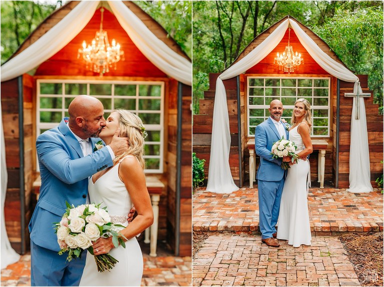 left, groom grabs bride to kiss her, right, couple stands together at ceremony alter for rustic barn wedding