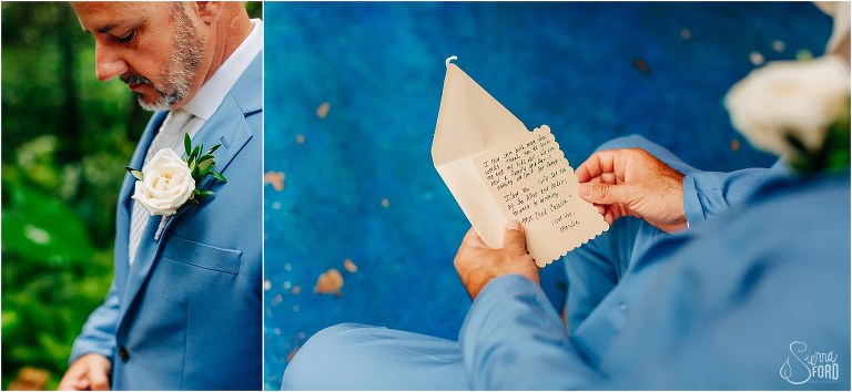 left, white rose boutonniere on light blue suit, right, groom reads emotional note from bride before rustic barn wedding