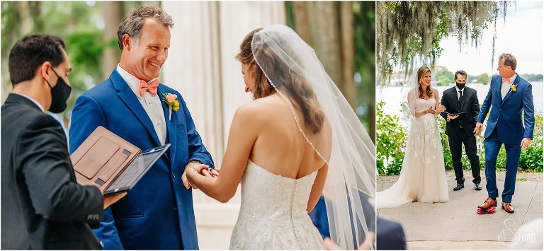 left, couple laughs as bride places ring on groom's finger, right, bride cheers as groom steps on glass at Kraft Azalea park wedding