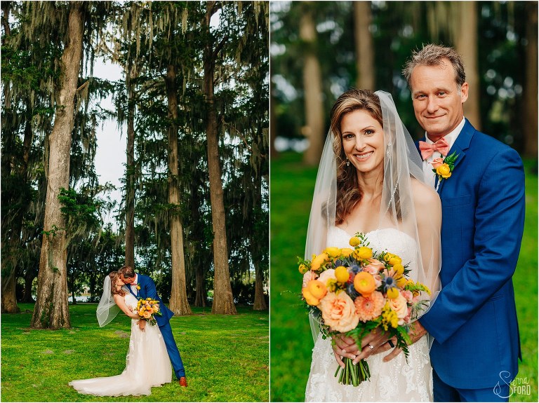 left, groom dips bride for a kiss under the massive oaks, right, newlyweds smile as groom hugs bride from behind at Kraft Azalea park wedding