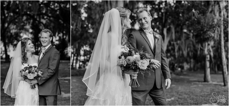 left, bride and groom laugh together after Kraft Azalea park wedding, right, groom looks adoringly at new wife as they walk arm in arm