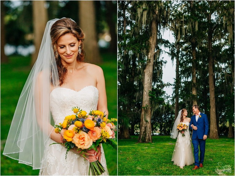 left, bride looks demurely down at yellow and orange bouquet, right, bride & groom walk arm in arm among the oaks at Kraft Azalea park wedding