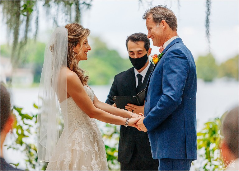 bride and groom smile sheepishly at each other during Kraft Azalea elopement