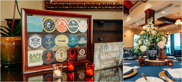 left, craft beer brewery coaster frame, right, DIY craft beer growler centerpieces at Tavares Pavilion wedding