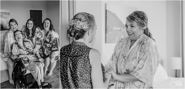 left, bride giggles with bridesmaids in matching robes, right, bride squeezes mom's hands while getting ready for Tavares Pavilion wedding