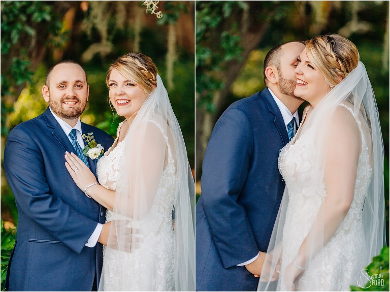left, couple pose for the classic parent portrait, right, bride giggles as groom kisses cheek at Tavares Pavilion wedding