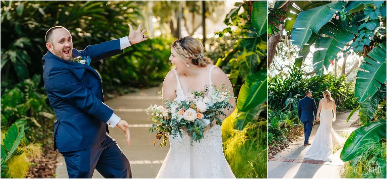 left, groom presents bride in "ta-da" moment Tavares Pavilion wedding, right, bride & groom walk hand in hand into sunlit park