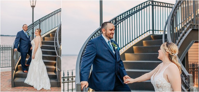 left, bride and groom stand together on grand staircase, right, groom leads bride upstairs at Tavares Pavilion wedding