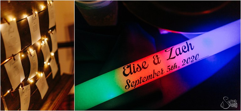 left, tiny string lights illuminate seating chart, right, custom rainbow glow sticks at Tavares Pavilion wedding