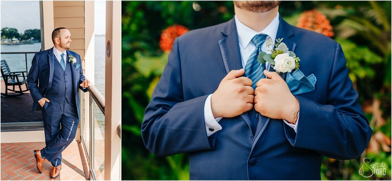 left, groom looks out at lake before Tavares Pavilion wedding, right, groom holds lapels of navy suit