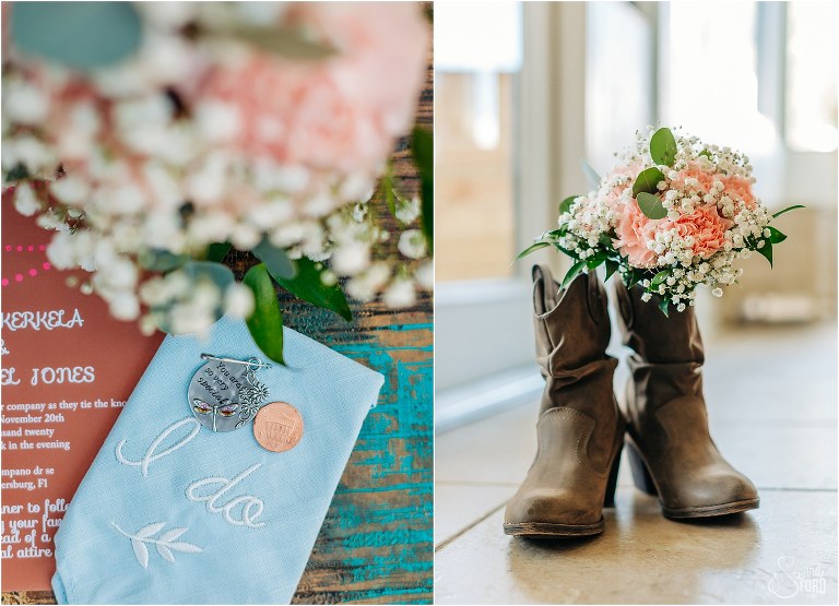 left, something blue, borrowed & a lucky penny, right, blush bridal bouquet sits in bridal boots before St. Pete backyard wedding